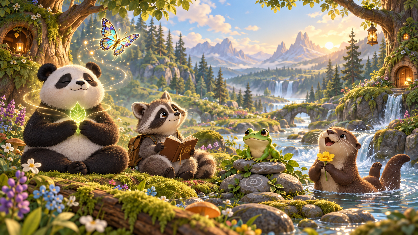 Panda, raccoon, frog, and otter relaxing together in a bright woodland hollow